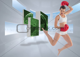 Composite image of motivated fit brown haired model in sportswear jumping