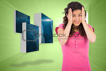 Composite image of cute brunette having headache