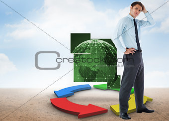 Composite image of thoughtful businessman with hand on head