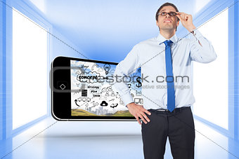 Composite image of thinking businessman tilting glasses