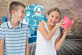 Composite image of smiling young girl holding piggy bank