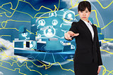 Composite image of focused businesswoman pointing