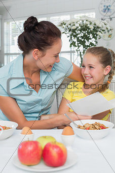 Mother and daughter with greeting card at breakfast table