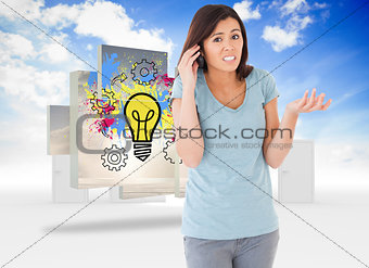 Composite image of pretty upset woman on the phone