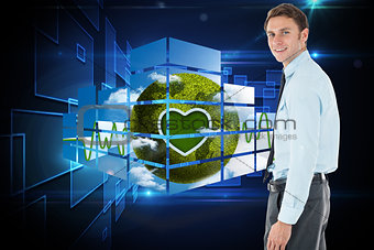 Composite image of happy businessman standing with hand in pocket