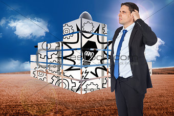 Composite image of thinking businessman scratching head