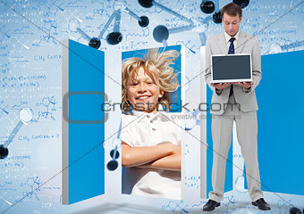 Composite image of businessman looking at the laptop he is presenting