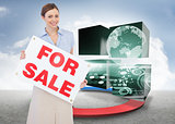 Composite image of estate agent posing with for sale sign