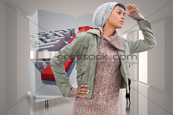 Composite image of concentrated young model in winter clothes watching around her