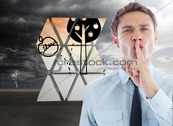 Composite image of businessman with finger on lips