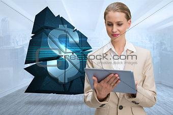 Composite image of thoughtful stylish businesswoman looking at tablet