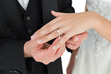 Groom and bride exchanging wedding ring
