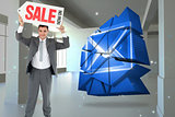 Composite image of businessman with sign above his head
