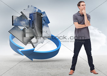 Composite image of thoughtful standing man and his legs apart