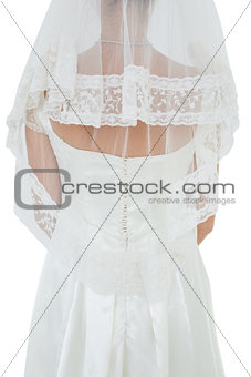 Woman in wedding dress and veil over white background