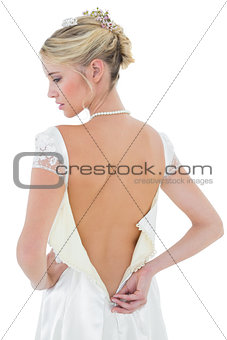 Rear view of beautiful bride wearing wedding dress