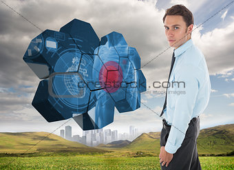 Composite image of serious businessman standing