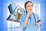 Composite image of young woman doctor thinking