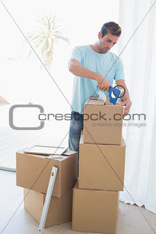 Man with cardboard boxes in new house