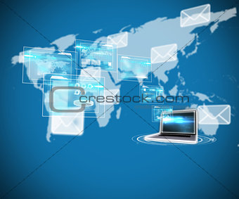 Composite image of business interfaces and laptop