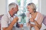 Mature couple with coffee cups at home