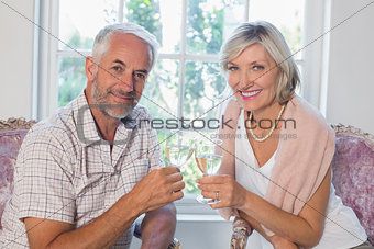 Happy mature couple with wine glasses at home