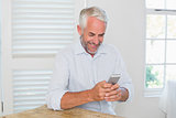 Mature man text messaging at home