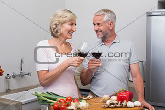 Mature couple toasting wine glasses in kitchen
