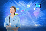 Composite image of thoughtful female doctor holding a clipboard