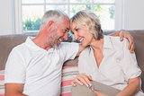 Cheerful mature couple sitting on sofa in living room