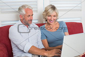 Smiling casual mature woman using laptop