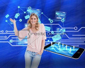 Composite image of blonde woman presenting something