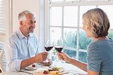 Happy mature couple toasting drinks over food