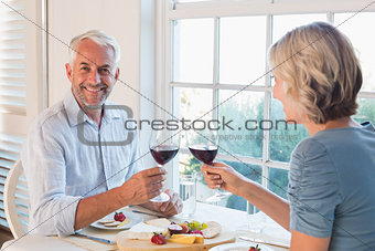 Portrait of a mature couple toasting wine glasses over food by the window at home