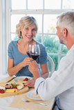 Mature couple toasting wine glasses over food
