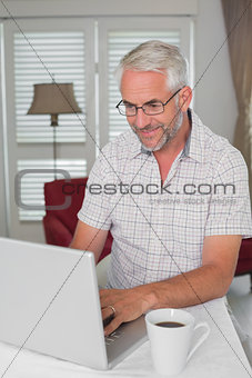 Smiling mature man using laptop