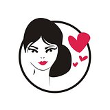Thinking woman with black hair and hearts. Hand drawn vector Illustration isolated on white background.