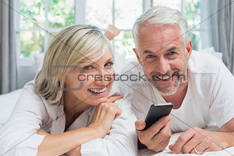 Portrait of a cheerful mature couple reading text message