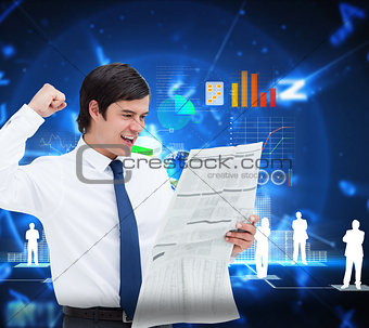 Composite image of celebrating tradesman looking at the news