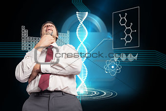 Composite image of thoughtful businessman holding pen to chin