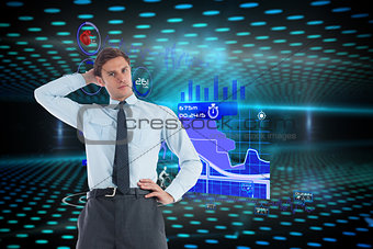 Composite image of thinking businessman with hand on head
