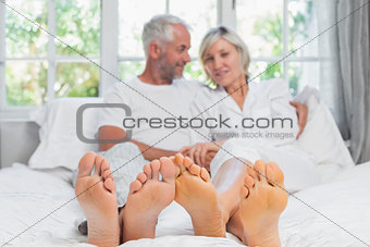 Portrait of a mature couple sitting in bed
