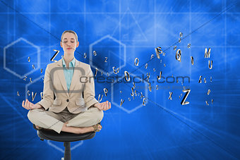 Composite image of peaceful chic businesswoman sitting in lotus position on swivel chair