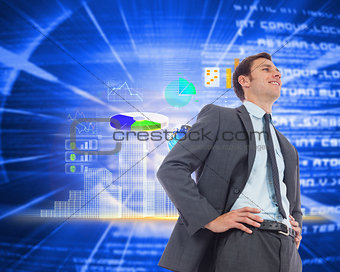 Composite image of cheerful businessman with hands on hips