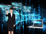 Composite image of serious businesswoman pointing