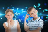 Composite image of pensive brother and sister posing together