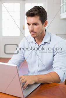 Concentrated man using laptop at table
