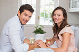 Portrait of smiling couple with wine glasses at home