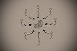 Composite image of cog and wheel doodle with stick figures