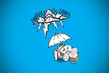 Composite image of umbrella protecting money from debt storm